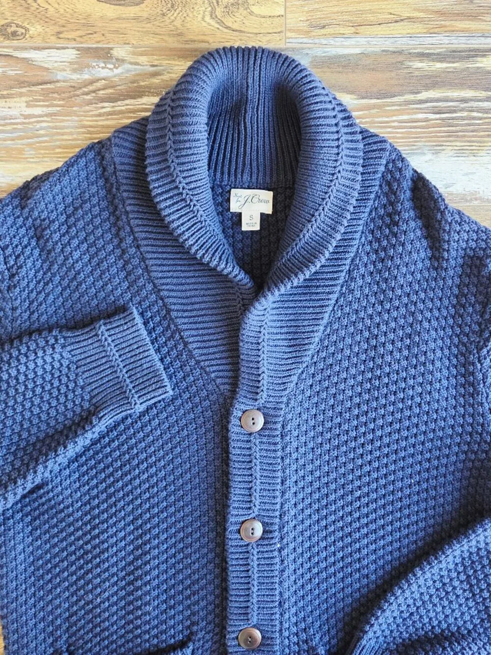 J.Crew Checker-Stitch Cotton Shawl Cardigan Button Pocket Navy  #BI890